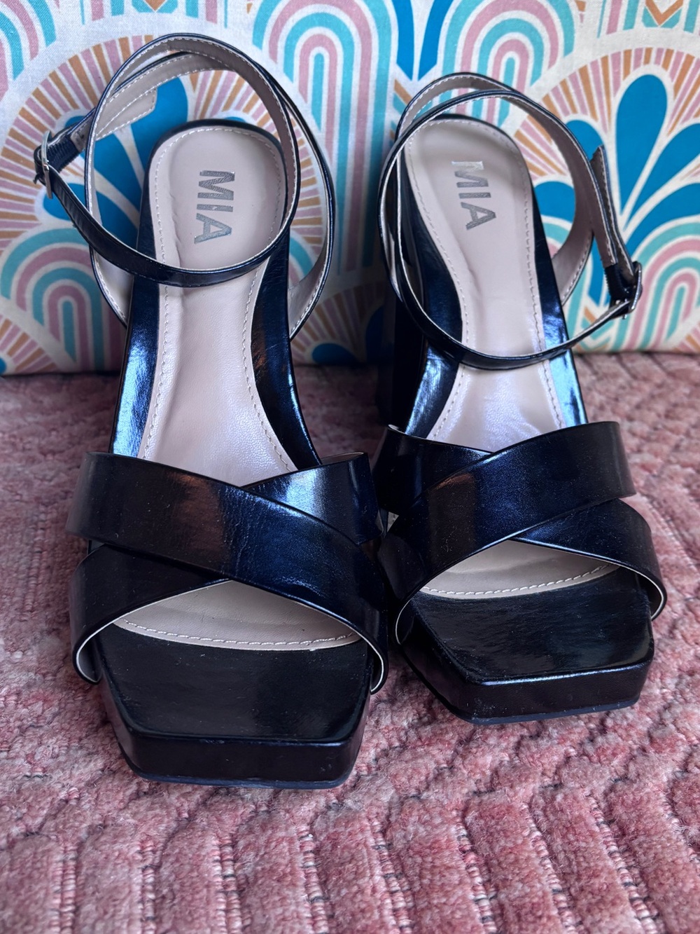 MIA Patent Black Crisscross Platform Sandals with Ankle Strap